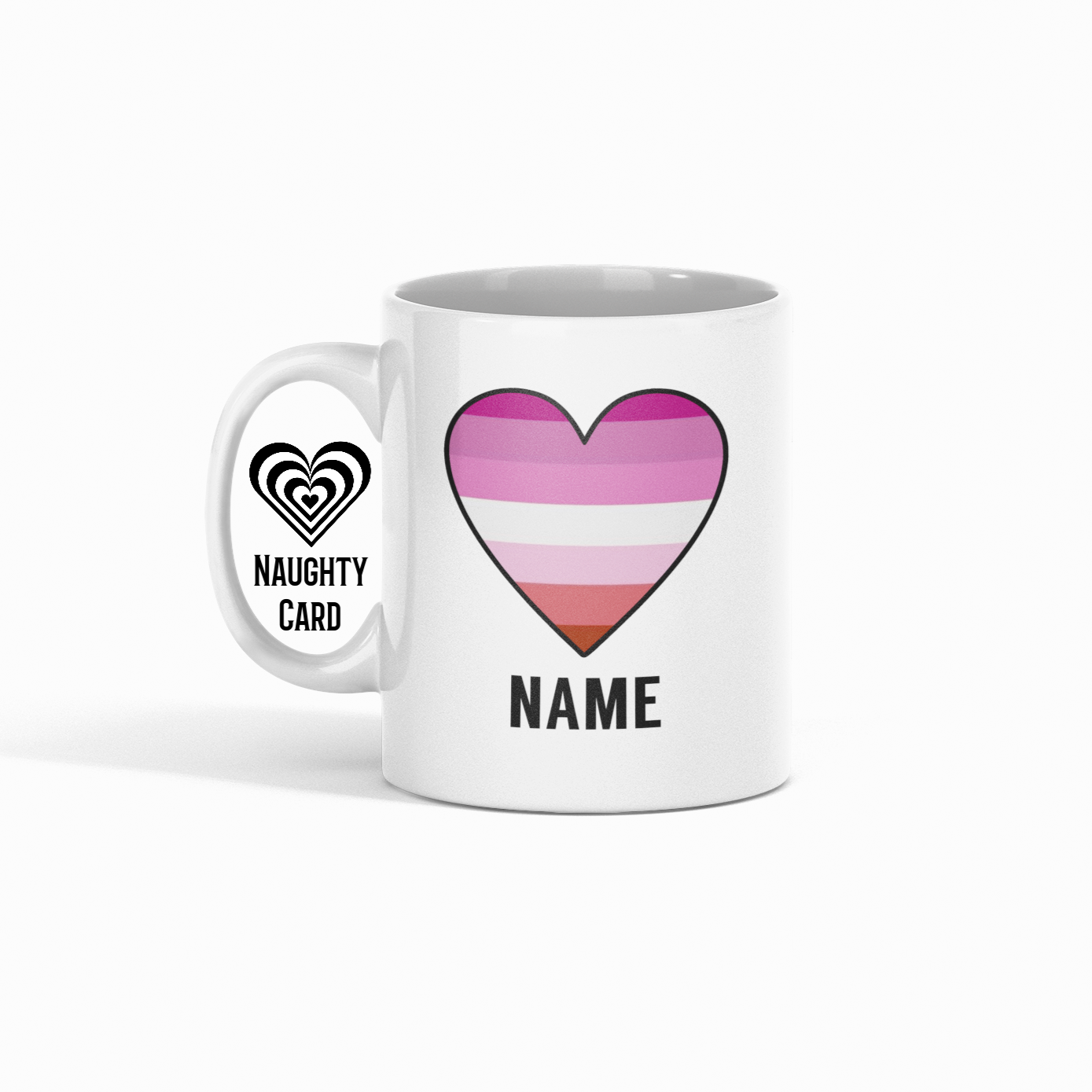 Pink Lesbian Pride Mug Personalised with any name, white mg on plain white background