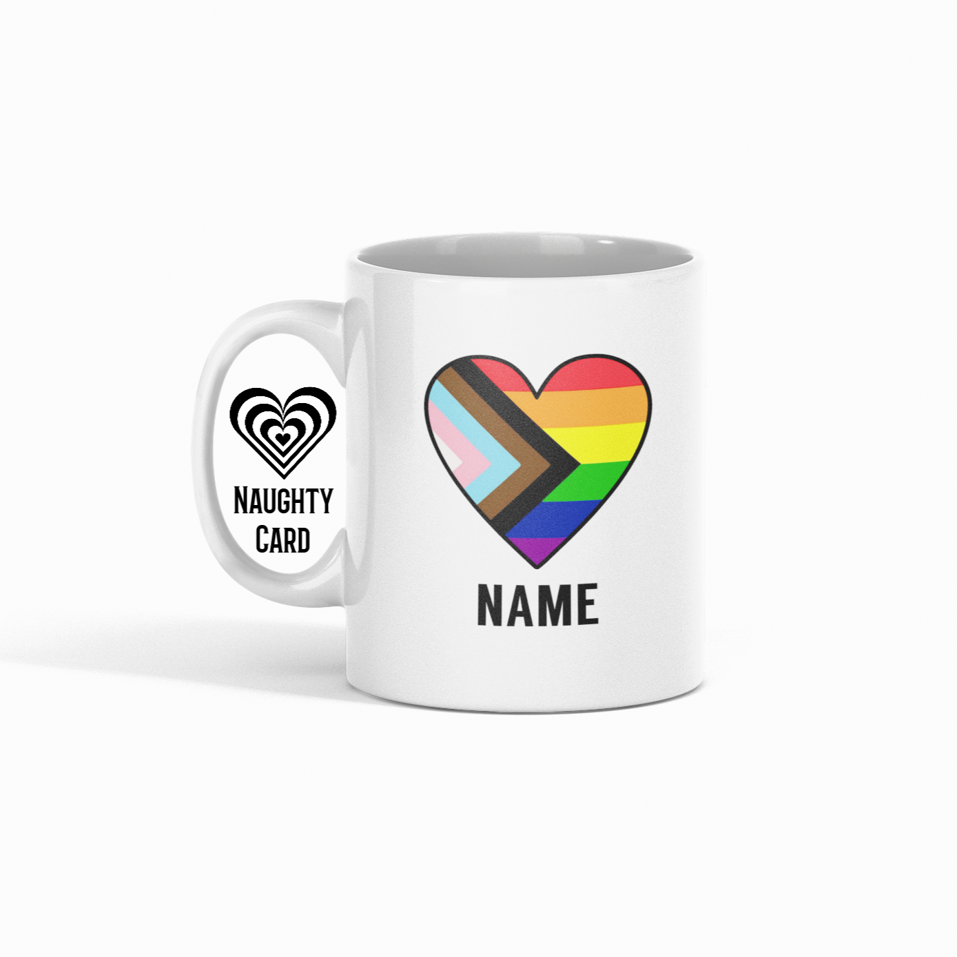 Progress Pride Gay Flag Mug Personalised with any name, white mug on plain white background 