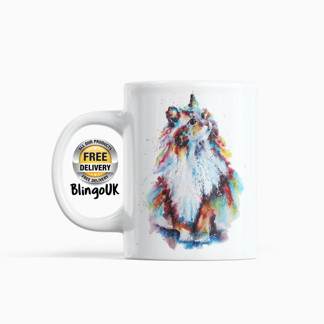 Cat Personalised Water Colour Mug From NaughtyCard. Watercolour animal mug. White Mug On Plain Background