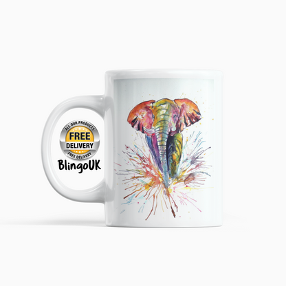 Elephant Personalised Water Colour Mug From NaughtyCard. Watercolour animal mug. White Mug On White Background