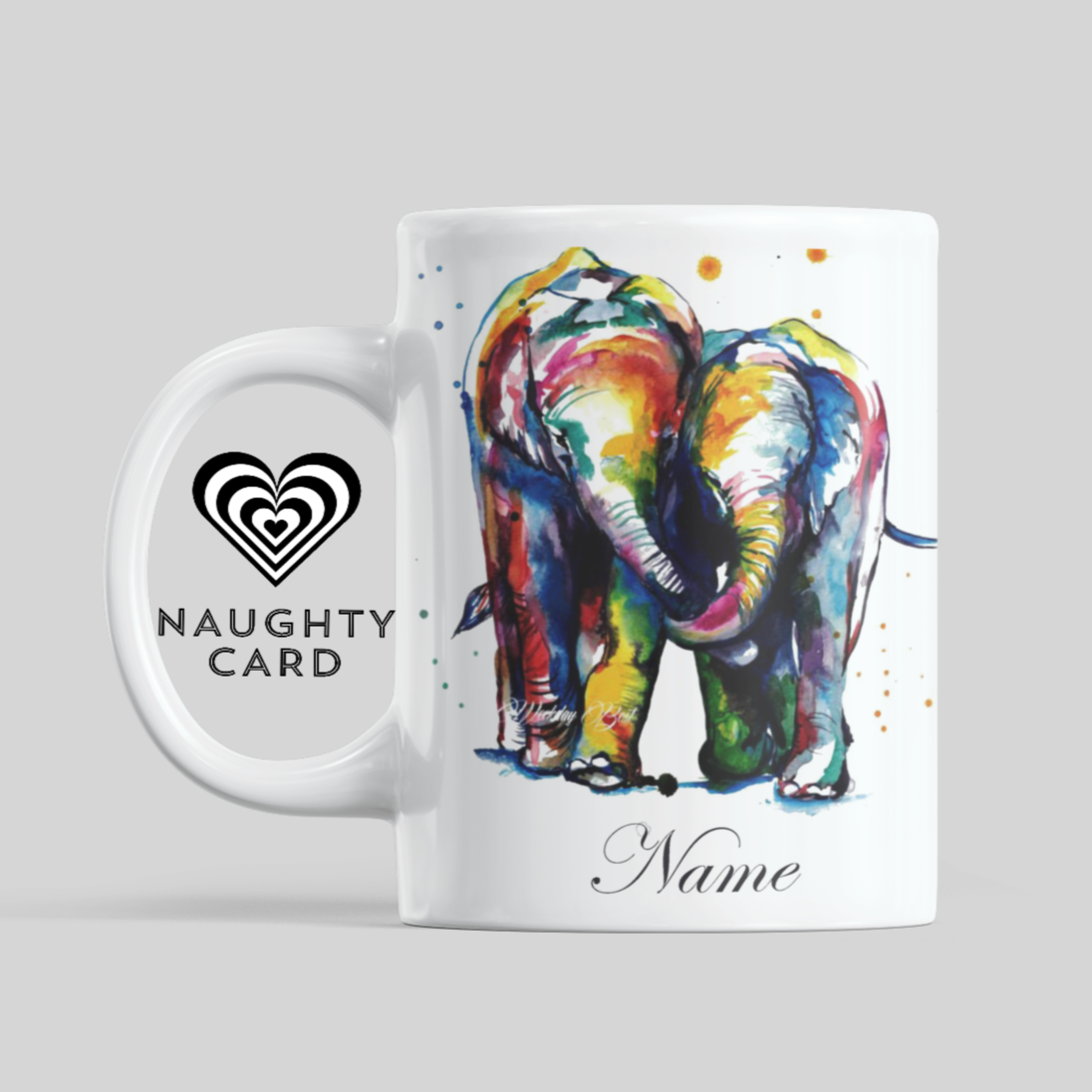 two elephants Personalised Water Colour Mug From NaughtyCard. Watercolour animal mug. 