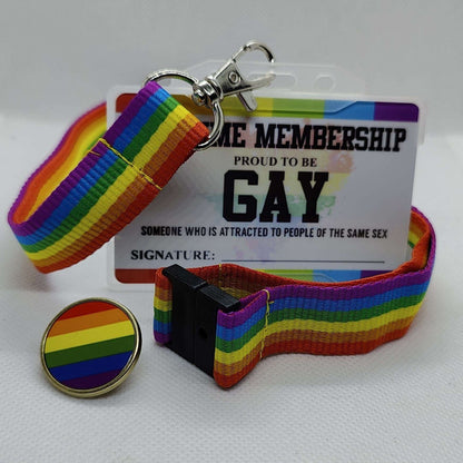 LGBTQ Membership Card with gay lanyard and lapel badge