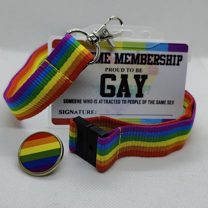 Gay Pride membership card on a gay pride lanyard, with a gay pride lapel badge. On a white background