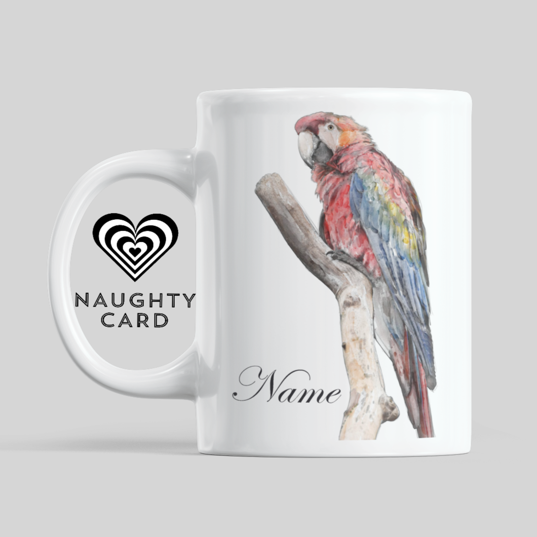 Macaw Personalised Water Colour Mug From NaughtyCard. Watercolour animal mug. 