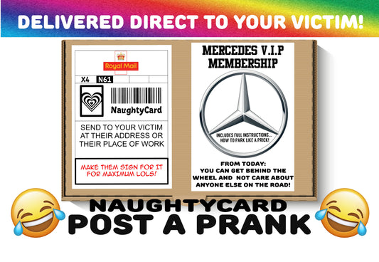 Mercedes Postal Prank from NaughtyCard Front View