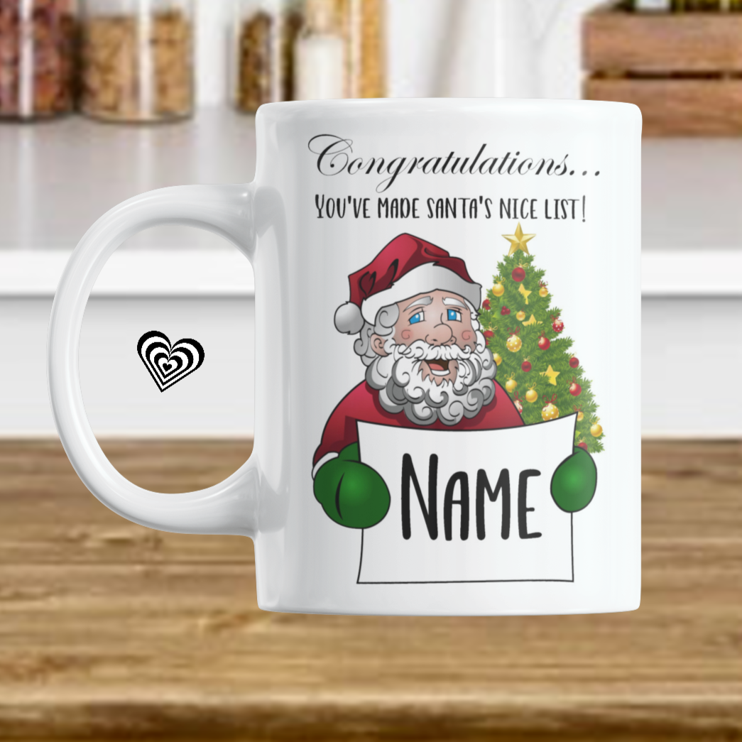 Santa Nice List. NaughtyCard’s Personalised Mugs are the perfect way to express your personality and humour. Whether you want to surprise your friends, family, or co-workers, these mugs will make them laugh out loud. You can choose from a range of designs and add any name to create a unique gift. These mugs are ideal for Birthday presents, Christmas gifts, or for secret Santa. Order yours today and get ready to enjoy a cup of tea or coffee with a naughty card twist. 😜