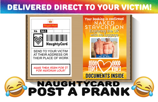 Naked Staycation Postal Prank from NaughtyCard Front View