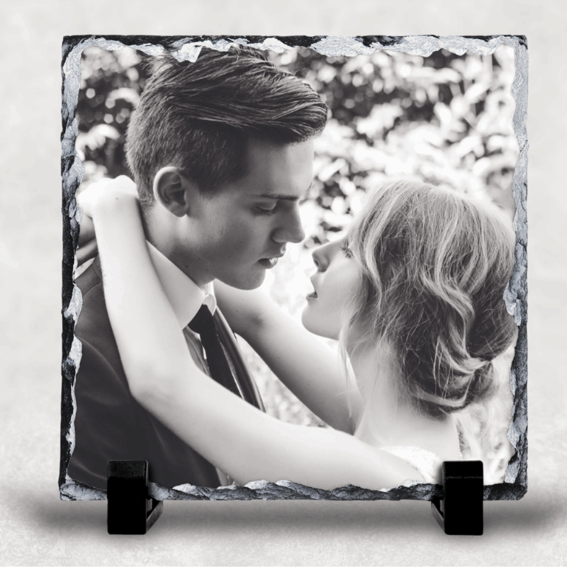 Custom Photo Slate 19cm x 19cm Personalised with any photo from NaughtyCard. Image of a bride and groom in black and white