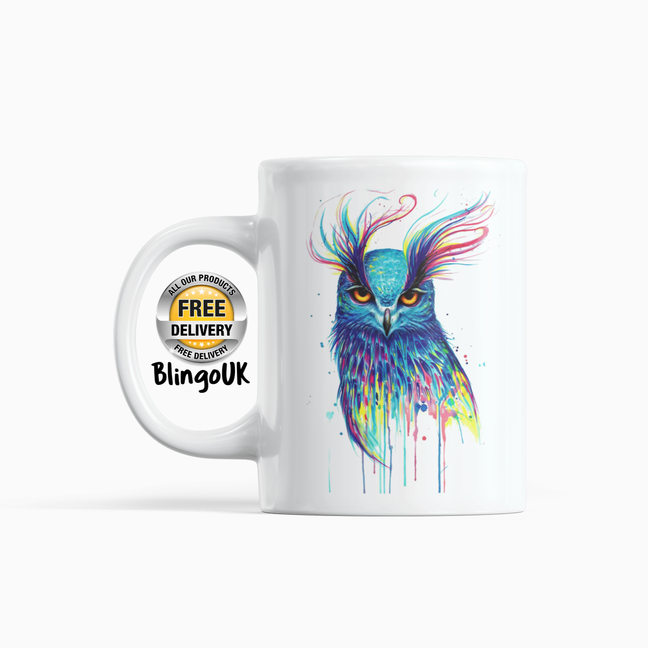 Owl Personalised Water Colour Mug From NaughtyCard. Watercolour animal mug.  White Mug on plain background