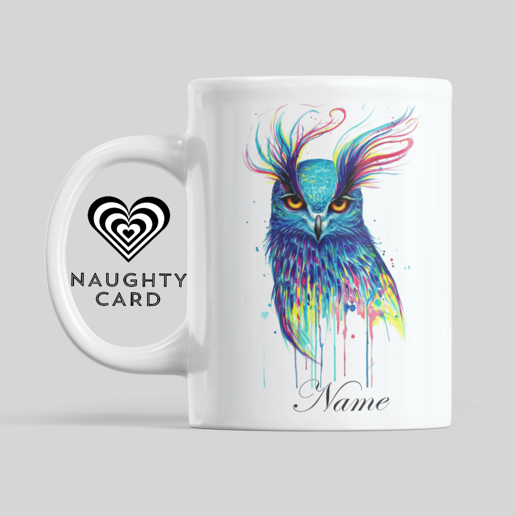 Owl Personalised Water Colour Mug From NaughtyCard. Watercolour animal mug. 