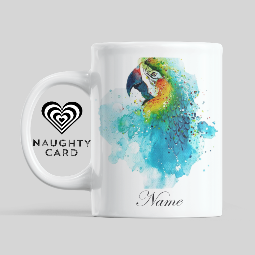 Parrot Personalised Water Colour Mug From NaughtyCard. Watercolour animal mug. 