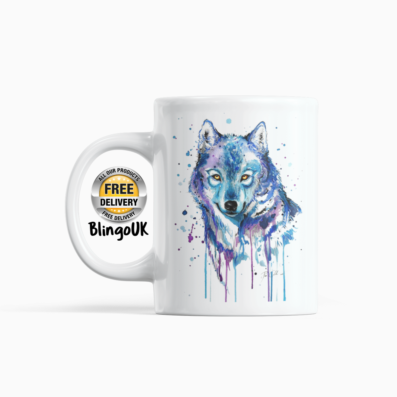 Wolf Mug Personalised Water Colour Mug From NaughtyCard. Watercolour animal mug. 