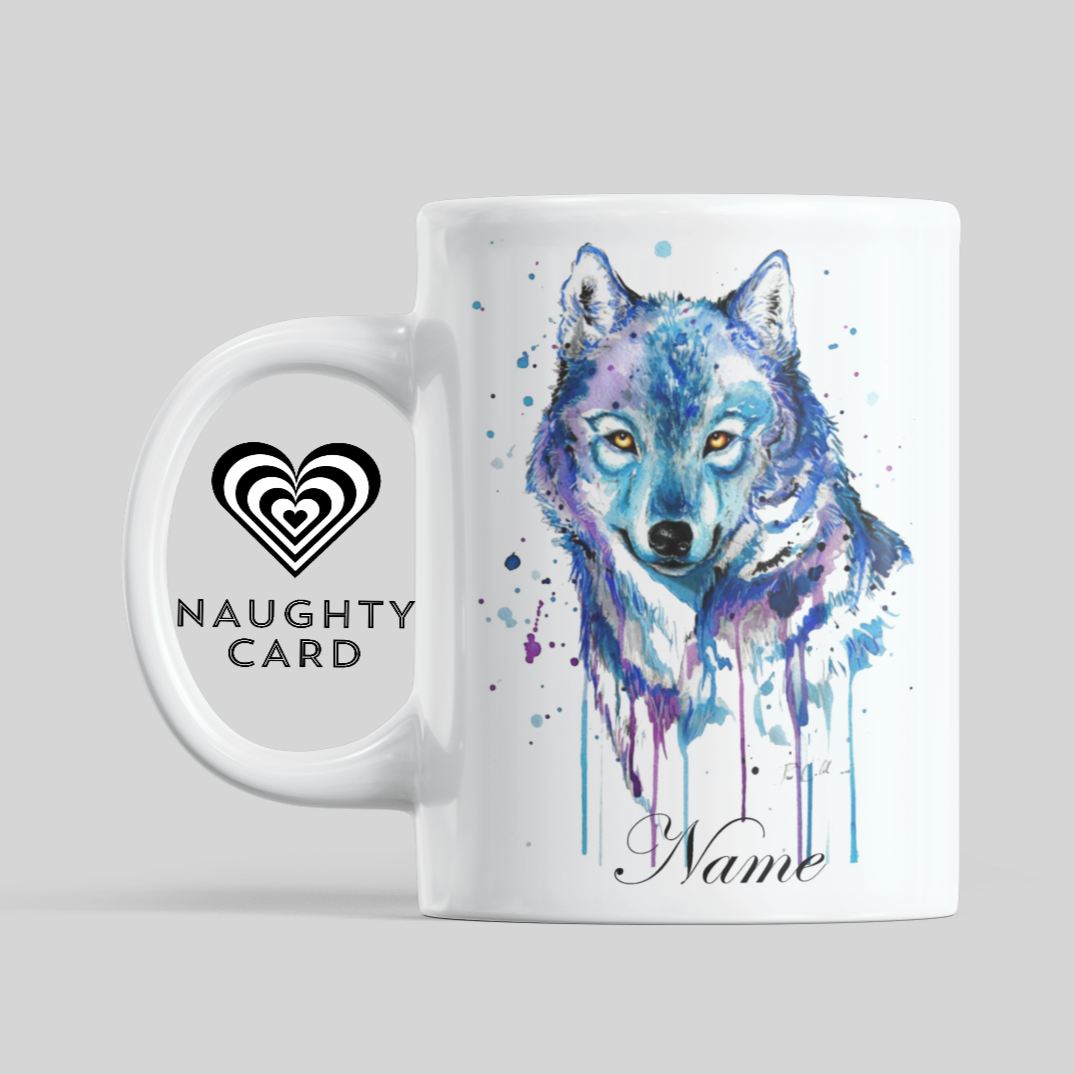 Wolf Personalised Water Colour Mug From NaughtyCard. Watercolour animal mug. 