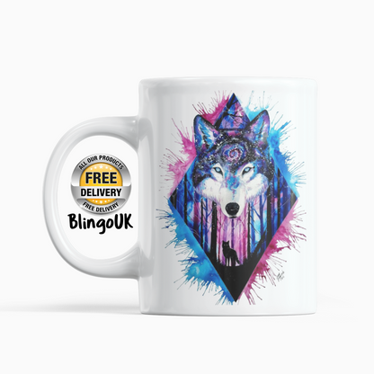 Pink and Blue Wolf Personalised Water Colour Mug From NaughtyCard. Watercolour animal mug. 