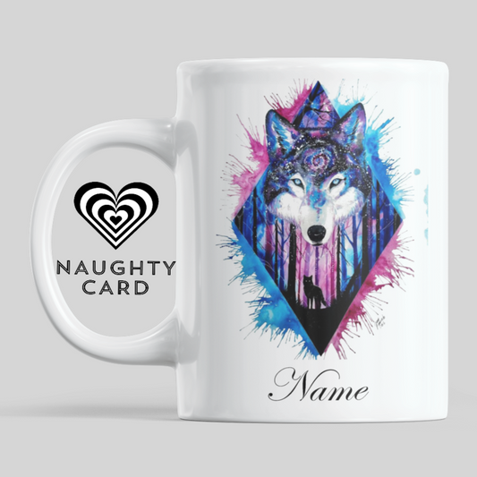 Wolf Blue and Pink Personalised Water Colour Mug From NaughtyCard. Watercolour animal mug. 