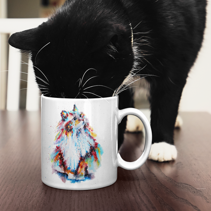 Cat Personalised Water Colour Mug From NaughtyCard. Watercolour animal mug. Photo of cat drinking from a white mug