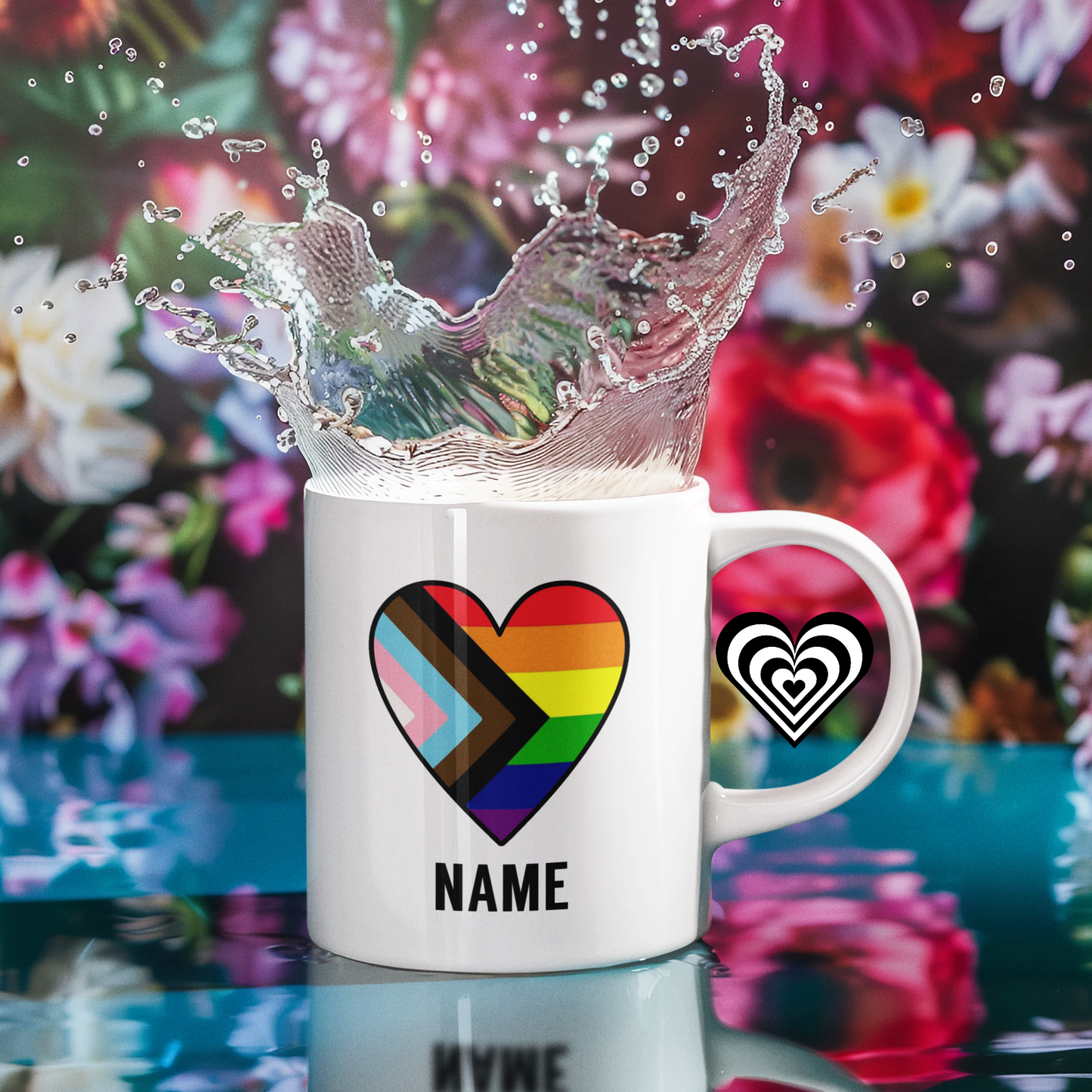 Progress Pride Gay Flag Mug white mug with flowers behind