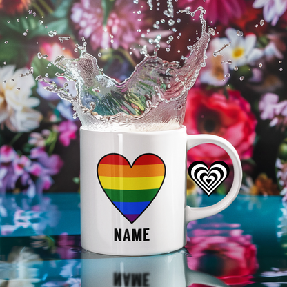 Gay Pride Heart Mug - personalised - White mug with flowers behind