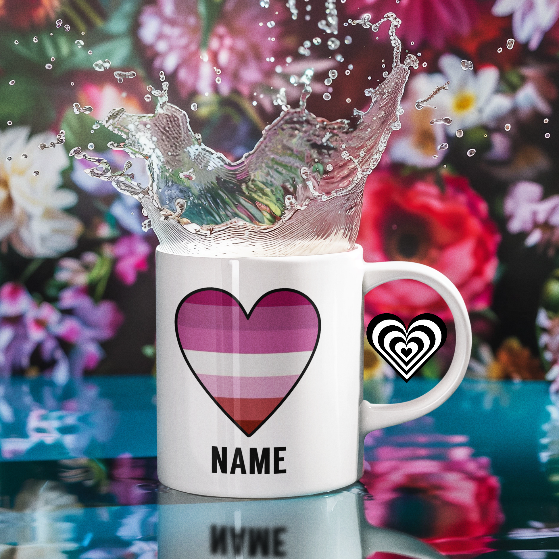 Pink Lesbian Pride Mug on a flower background