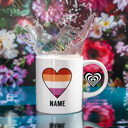 Sunset Lesbian Pride Flag Mug - White Mug On a floral background