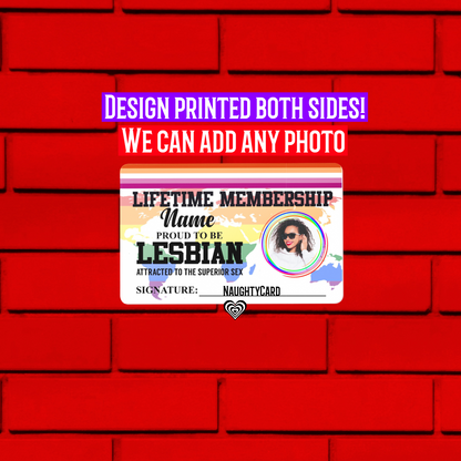 Lesbian membership card personalised with any photo, white card on red brick background