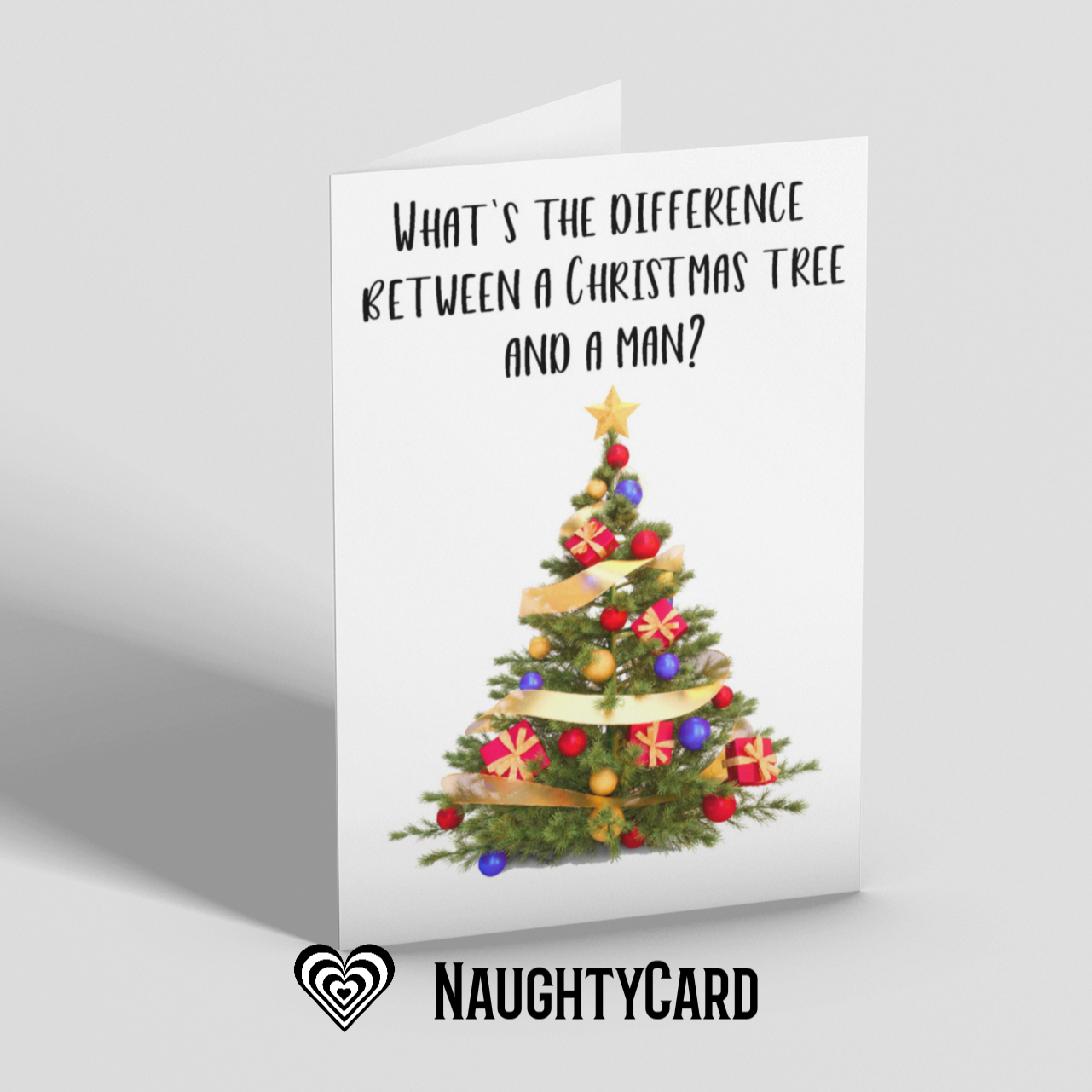 Funny Adult Christmas Card from NaughtyCard featuring a Christmas tree and funny saying