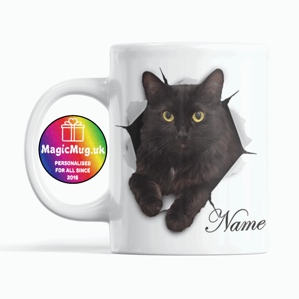 Black Cat Magic Mug From NaughtyCard. White Mug on a plain white background. Personalised With Any Name.