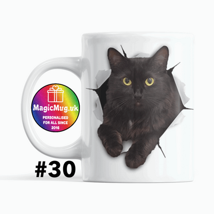 Black Cat Magic Mug From NaughtyCard. White Mug on a plain white background. Personalised With Any Name. Side View