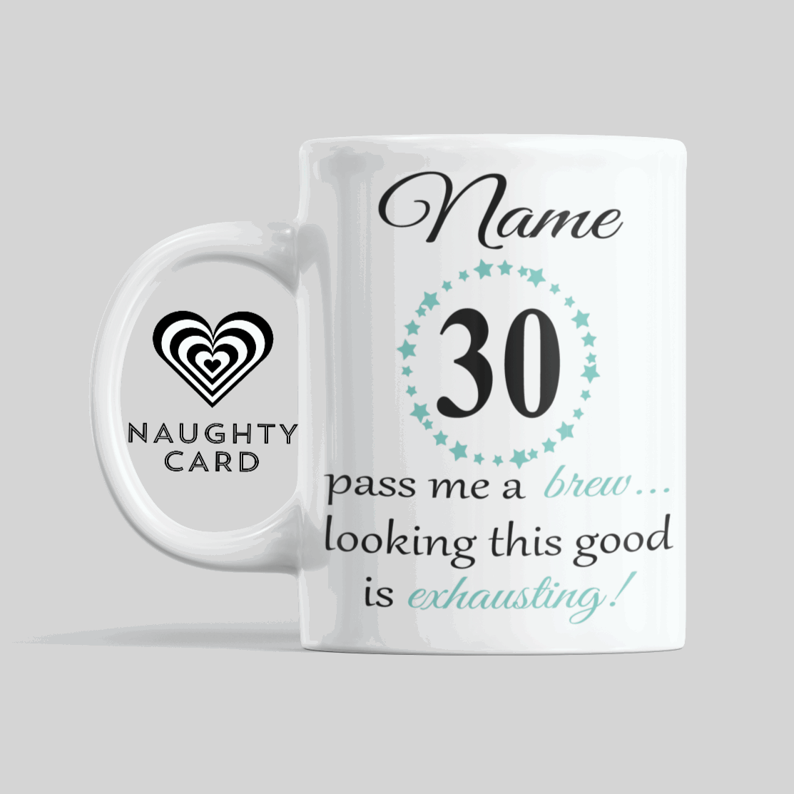 Personalised Birthday Mug from NaughtyCard White Mug on plain background featuring any age your name 