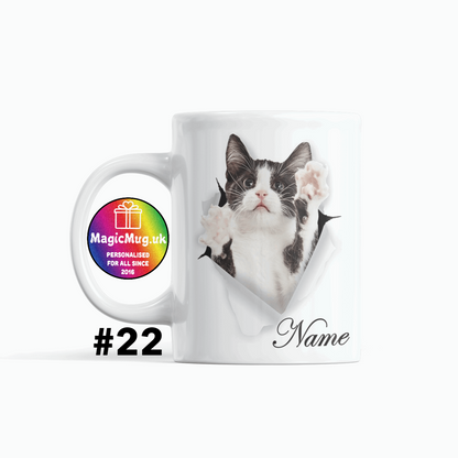 personalised black and white Cat Magic Mug From NaughtyCard. White Mug on a plain white background. Personalised With Any Name.