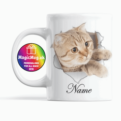 Cute Cat Magic Mug From NaughtyCard. White Mug on a plain white background. Personalised With Any Name.