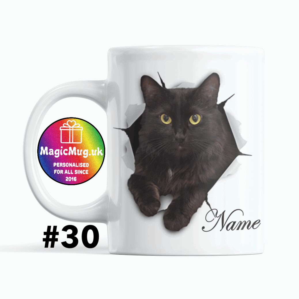 Cat Magic Mug From NaughtyCard. White Mug on a plain white background. Personalised With Any Name. Full mug view