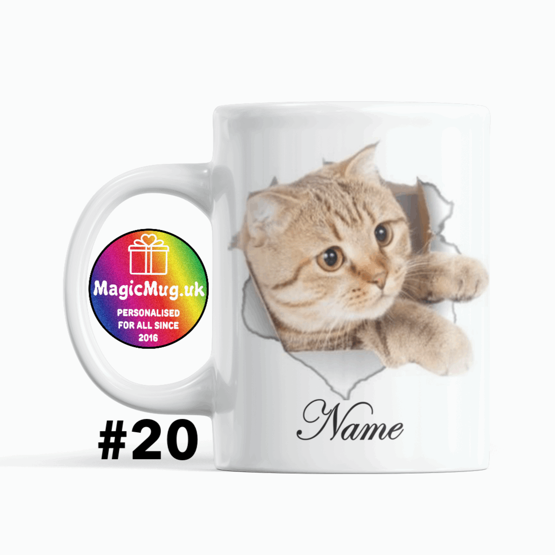 Christmas Cat Magic Mug From NaughtyCard. White Mug on a plain white background. Personalised With Any Name.