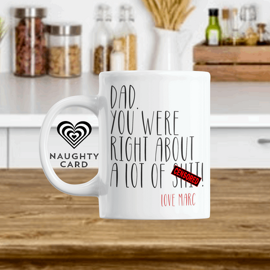 Personalised Birthday Mug for Dad from NaughtyCard White Mug on kitchen table featuring any name personalisation. 