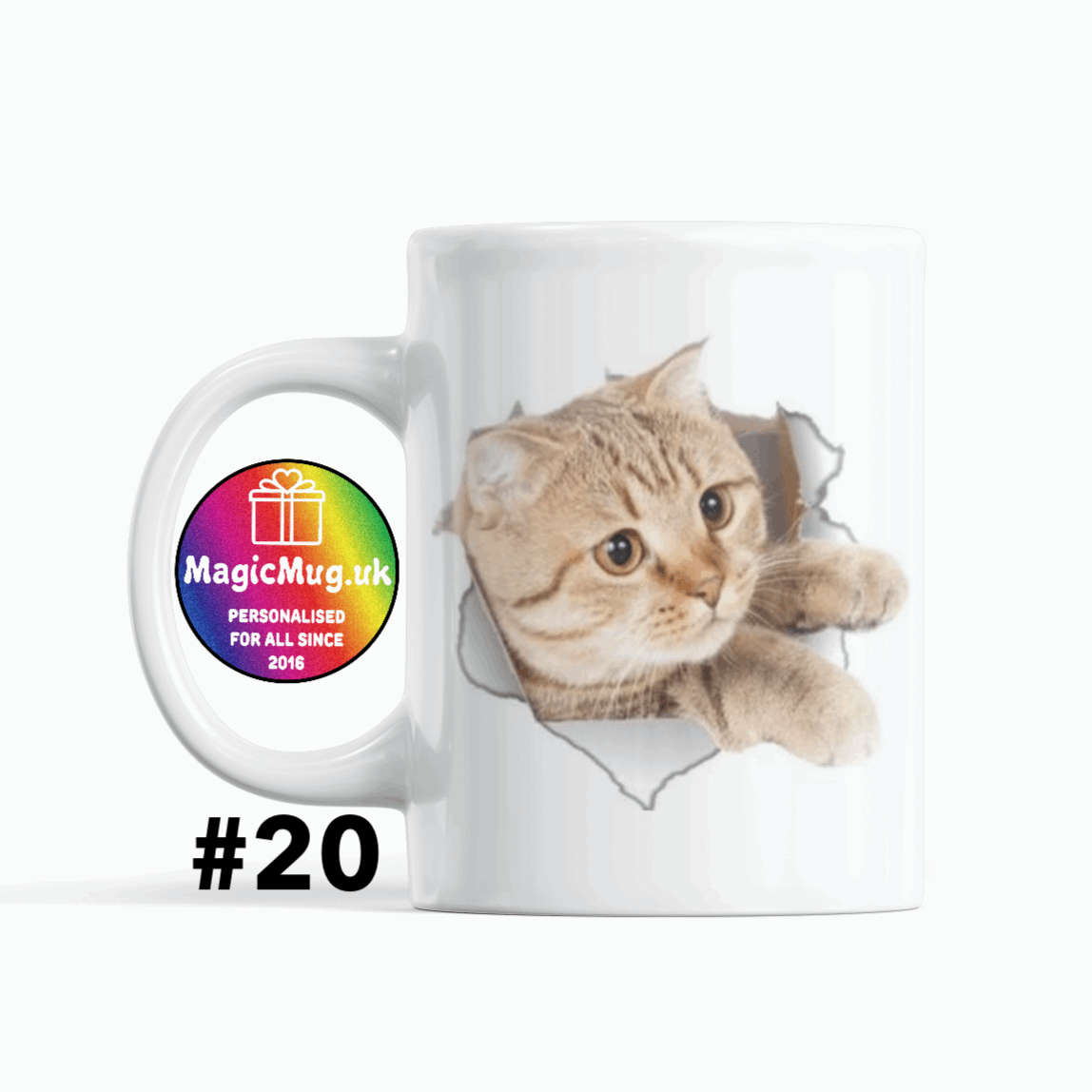 Cat Gift Magic Mug From NaughtyCard. White Mug on a plain white background. Personalised With Any Name.