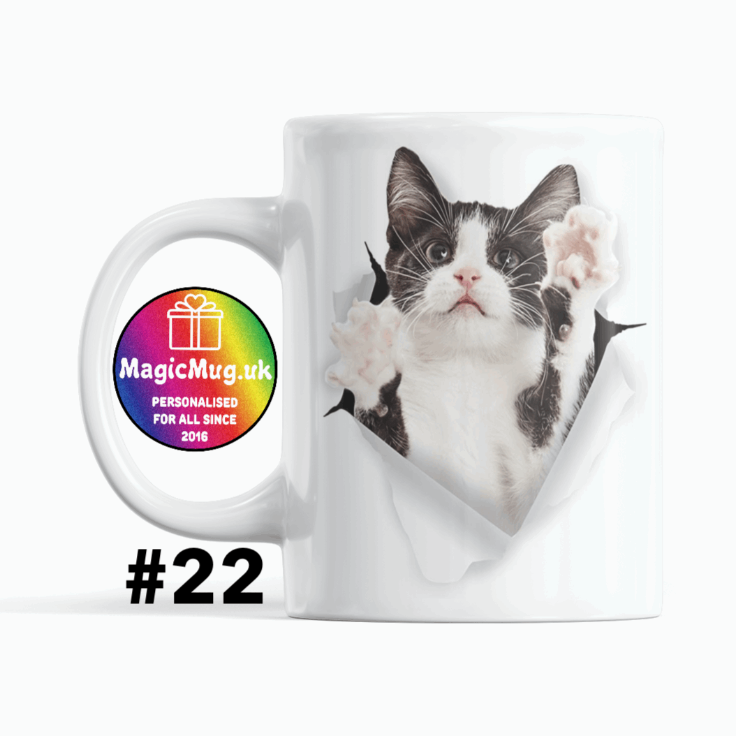 black and white Cat Magic Mug From NaughtyCard. White Mug on a plain white background. Personalised With Any Name.