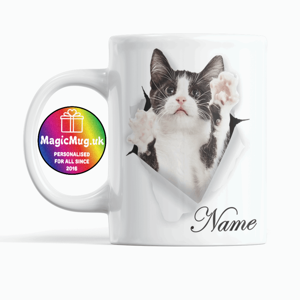 unique Cat Magic Mug From NaughtyCard. White Mug on a plain white background. Personalised With Any Name.