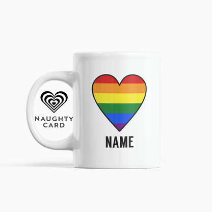 gay pride mug, gift, white mug on white background with gay pride heart 