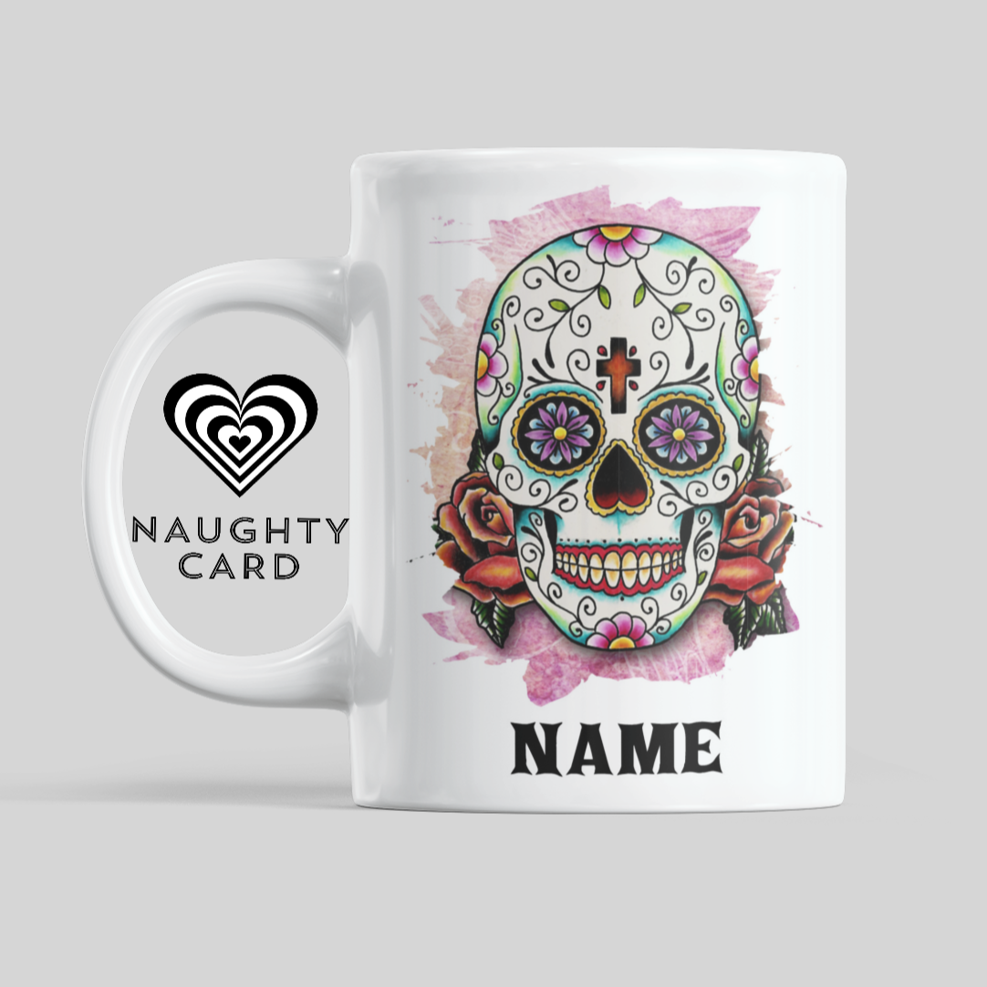 Sugar Skull Watercolour Personalised Mug. Front View