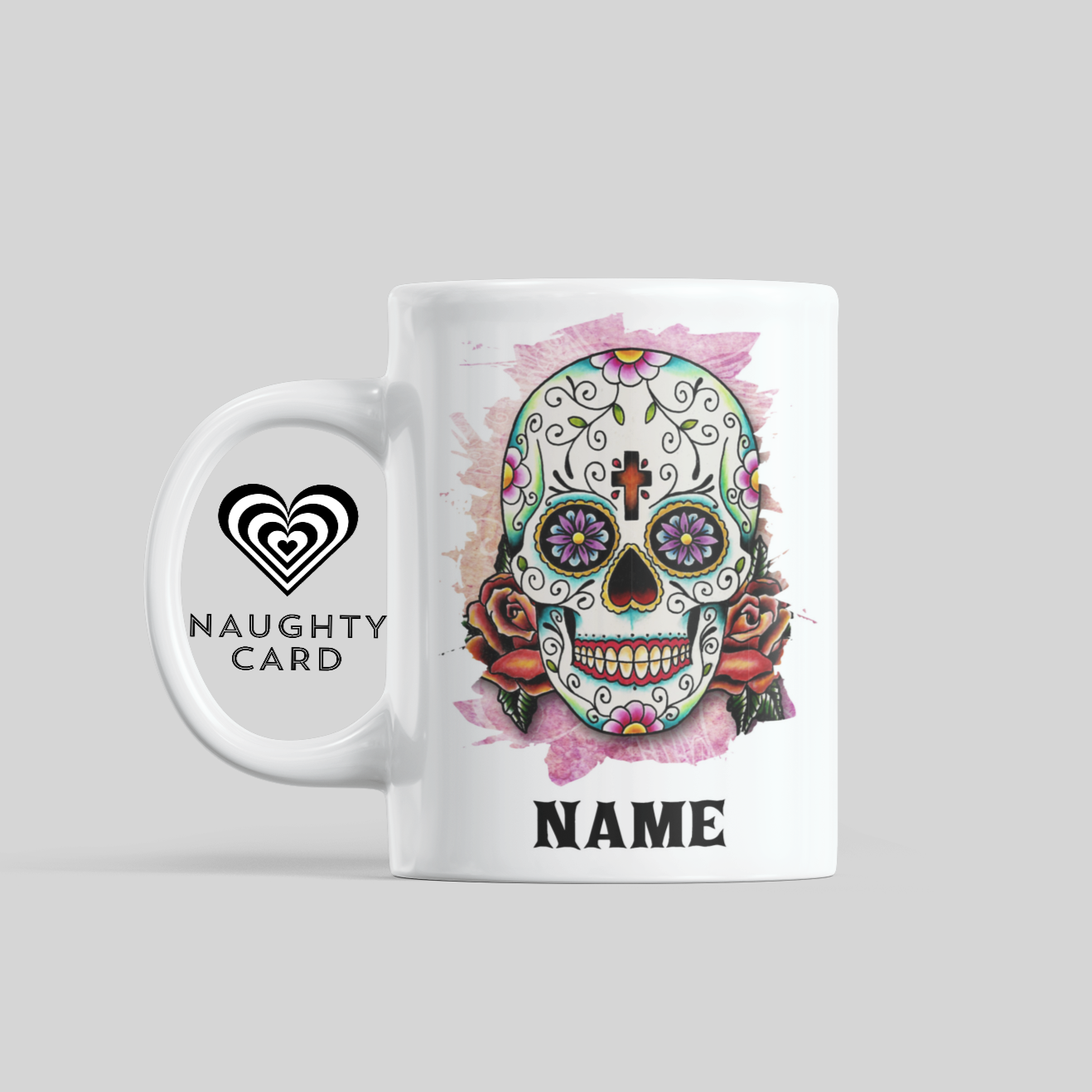 Sugar Skull Watercolour Personalised Mug. Side View