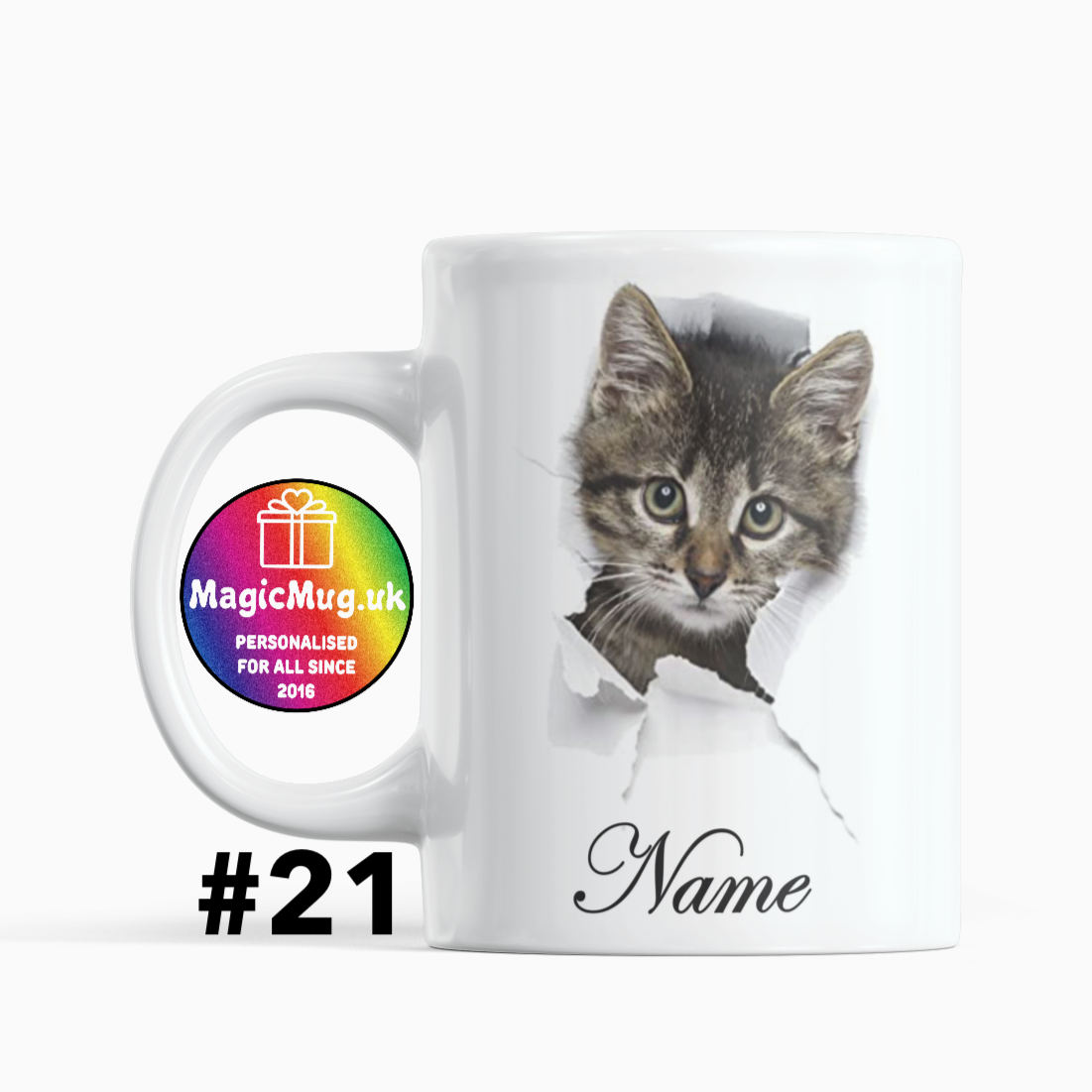 Cute Christmas Cat Magic Mug From NaughtyCard. White Mug on a plain white background. Personalised With Any Name.