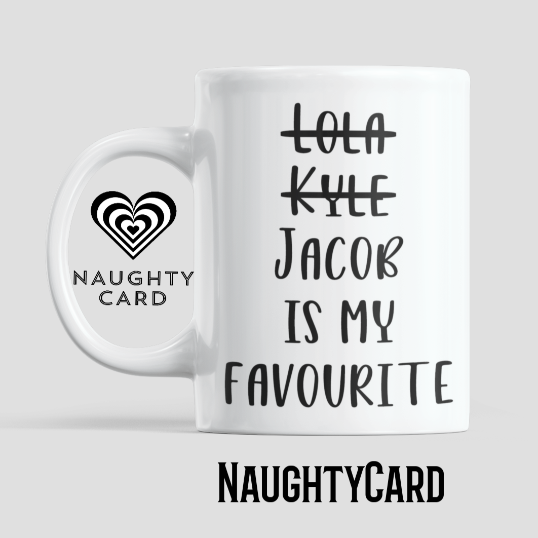 Funny Personalised Mug from NaughtyCard White Mug. Ideal Birthday Gift, Personalised Christmas Gift. White mug on plain background.