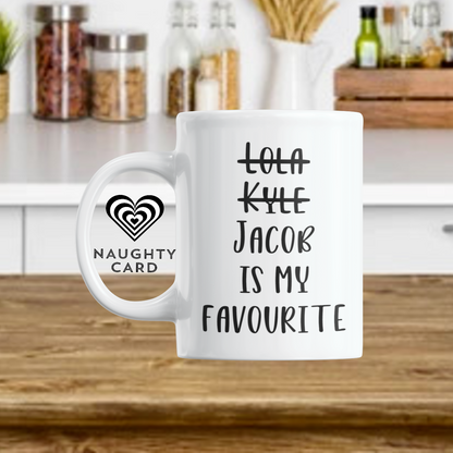 Funny Personalised Mug from NaughtyCard White Mug. Ideal Birthday Gift, Personalised Christmas Gift. White mug on kitchen table