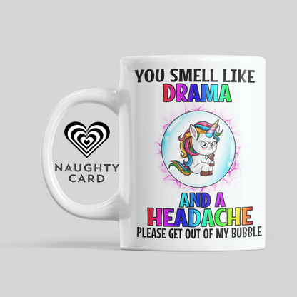 Drama and Headache Funny Unicorn mug from NaughtyCard. Designed for adults this is the perfect office birthday gift. Leaving Gift and ideal for secret santa