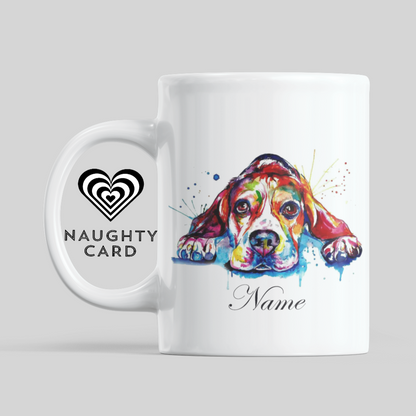 Beagle Personalised Water Colour Mug From NaughtyCard. Watercolour animal mug. White Mug on plain background 