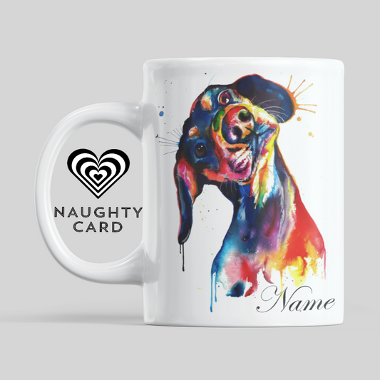 Dobermann Personalised Water Colour Mug From NaughtyCard. Watercolour animal mug. 