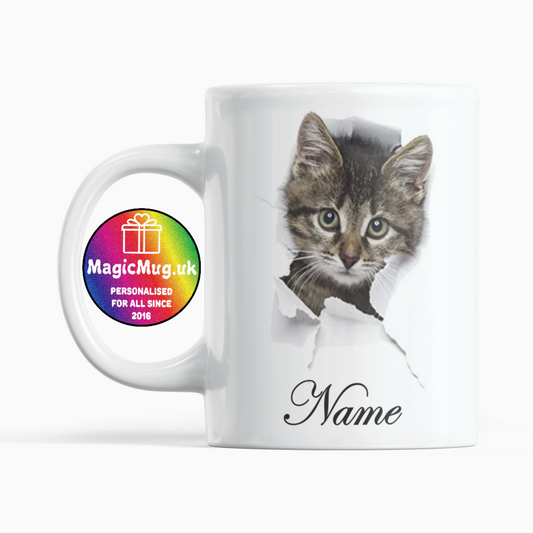 Tabby Cat Magic Mug From NaughtyCard. White Mug on a plain white background. Personalised With Any Name.