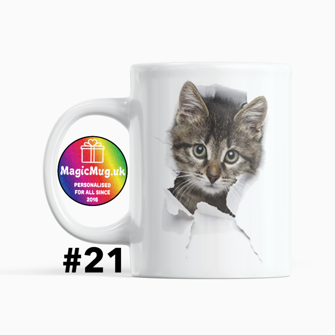 Personalised Cat Magic Mug From NaughtyCard. White Mug on a plain white background. Personalised With Any Name.