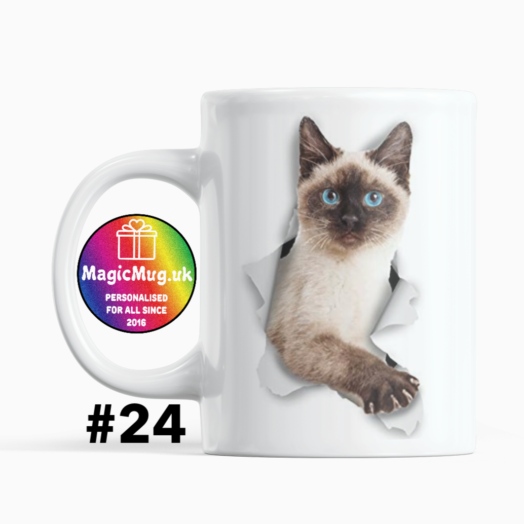 Siamese Cat Magic Mug From NaughtyCard. White Mug on a plain white background. Personalised With Any Name.