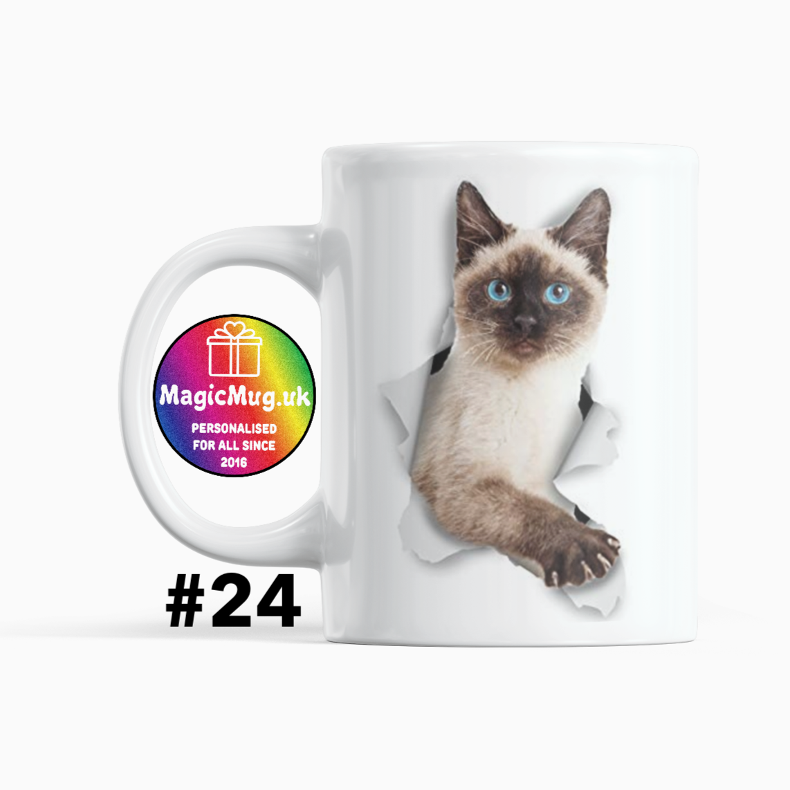 Siamese Christmas Cat Magic Mug From NaughtyCard. White Mug on a plain white background. Personalised With Any Name.